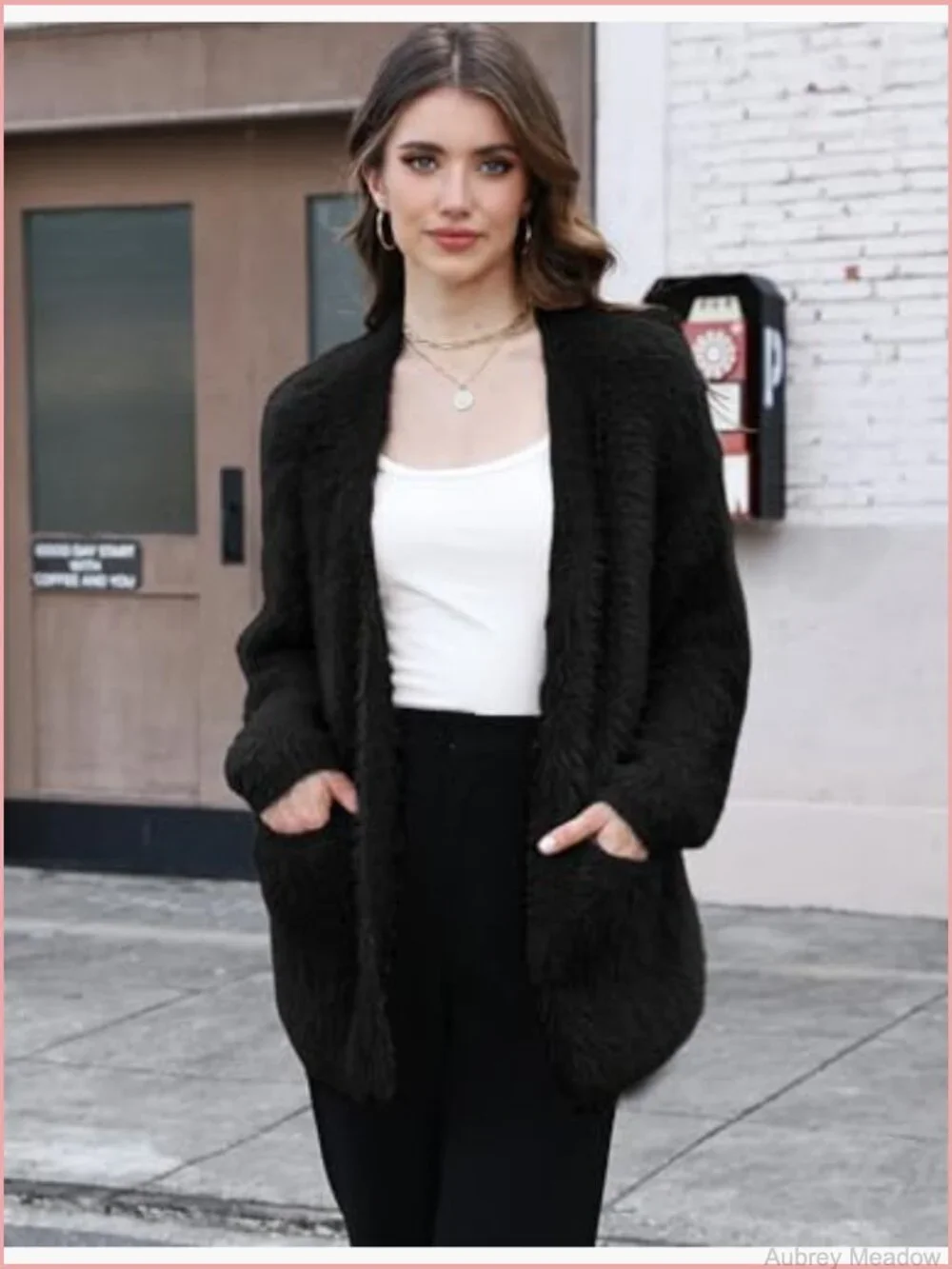 Fuzzy V-Neck Cardigan Sweater with Pockets Button Down Knit Coat